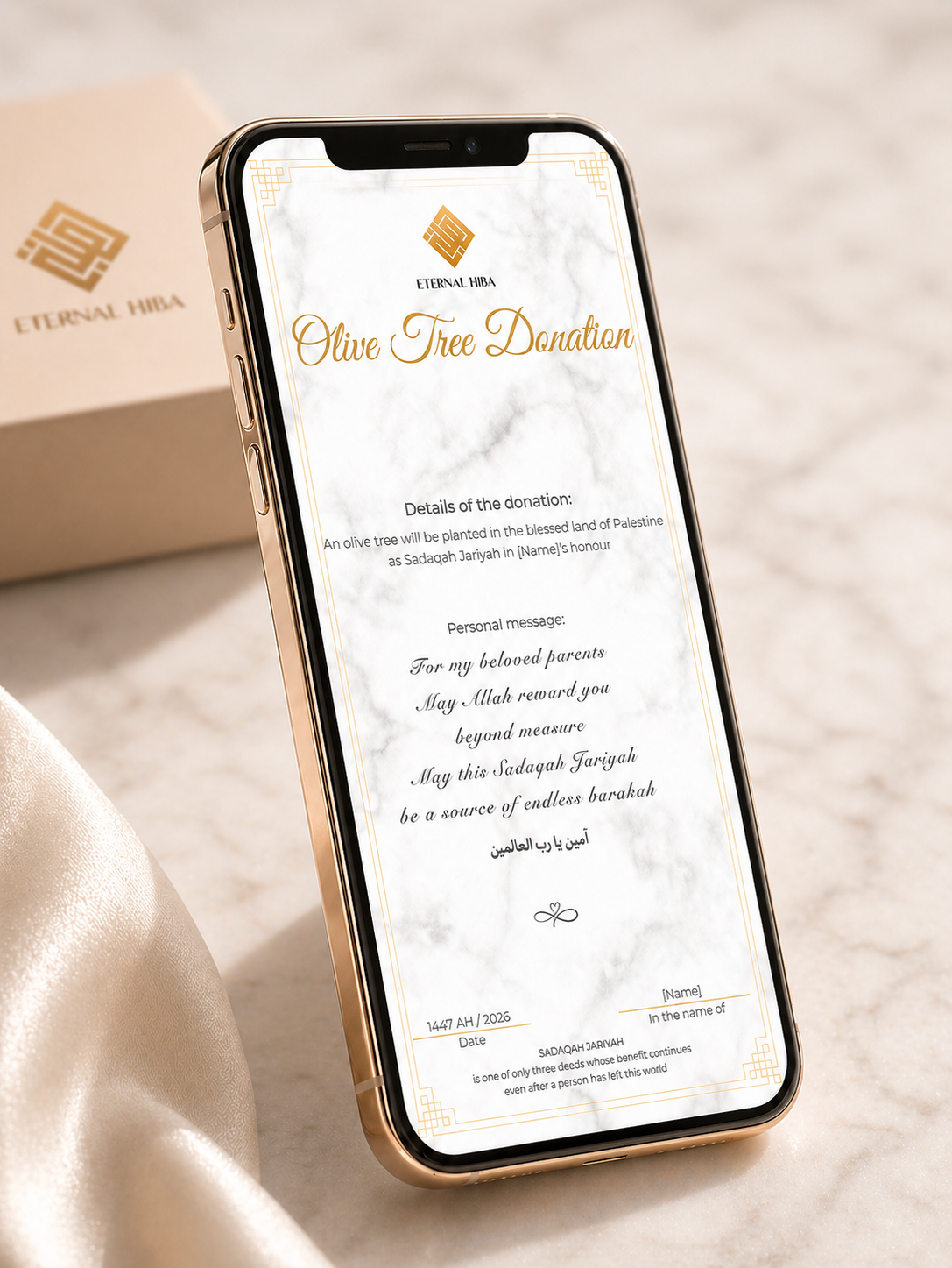 Mobile preview of a personalised Eternal Hiba gift certificate